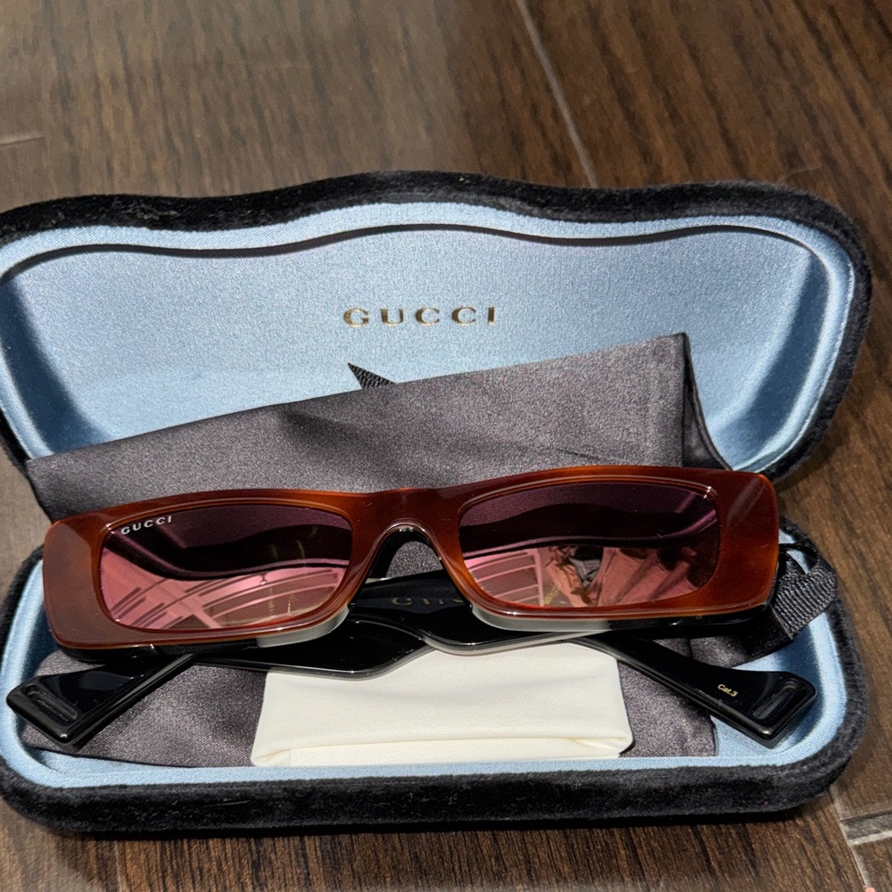 Gucci Brown Rectangular Sunglasses with Pink Lenses
